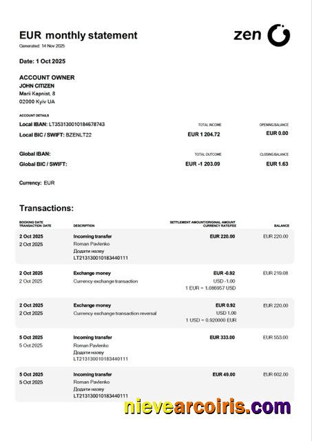 Ukraine ZEN account statement Word and PDF